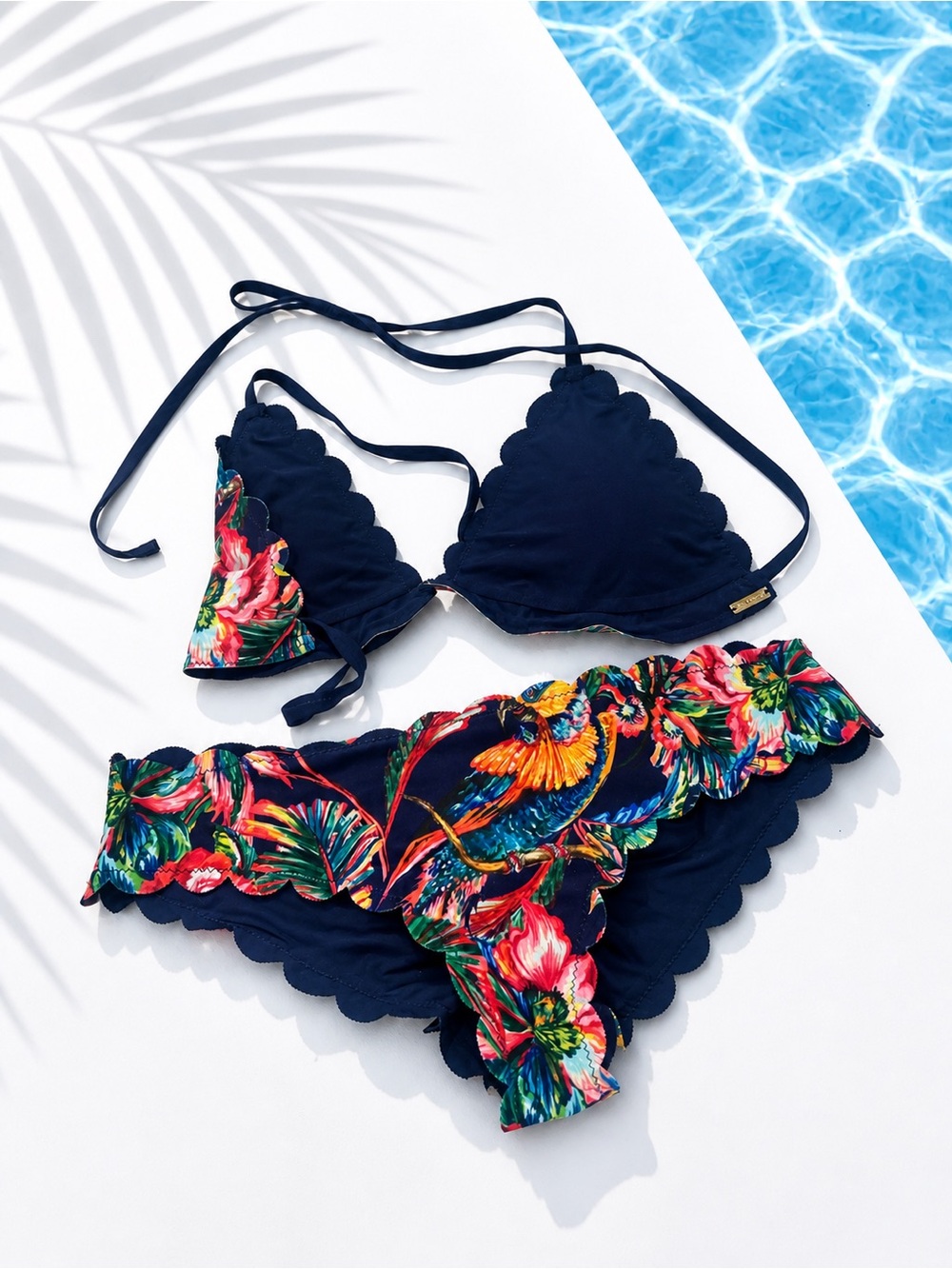 Agua Bendita Navy Floral Scalloped Triangle Bikini